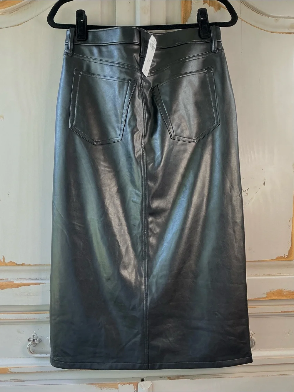 Abercrombie & Fitch | Black Faux Leather Midi Skirt with Front Slit Size 28